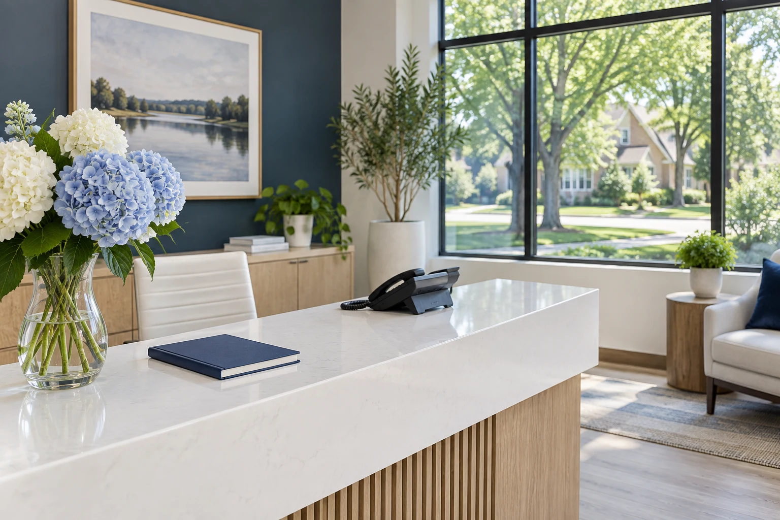 Bright reception desk with a telephone