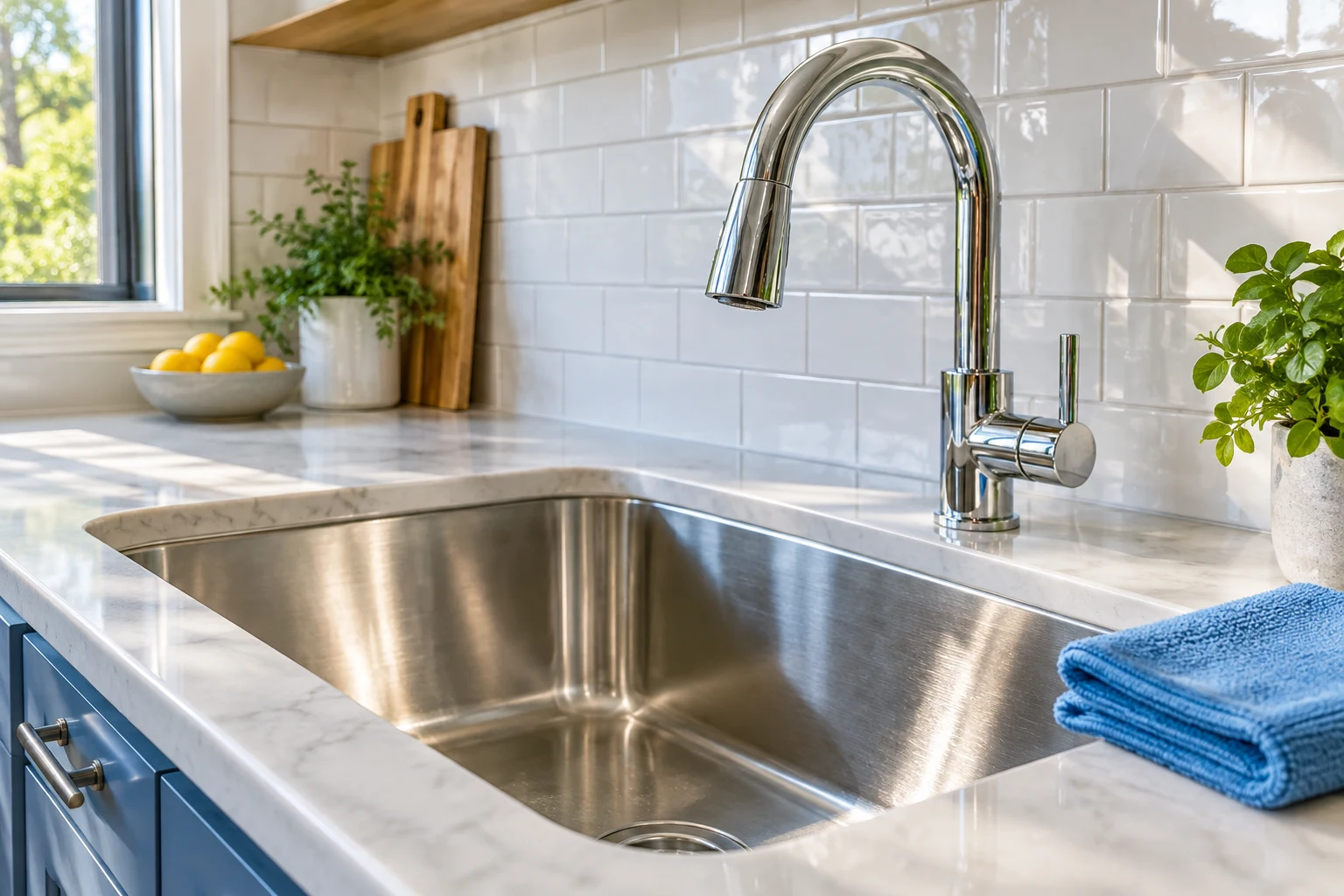 A polished stainless steel sink with a chrome faucet and blue microfiber cloth