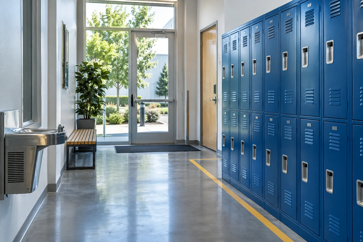 A clean industrial staff corridor with blue lockers and gray flooring