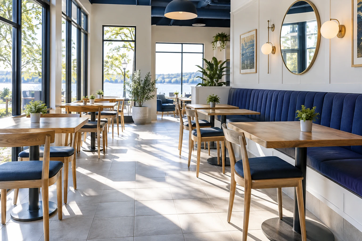 An immaculate empty cafe dining area with oak tables and navy seating