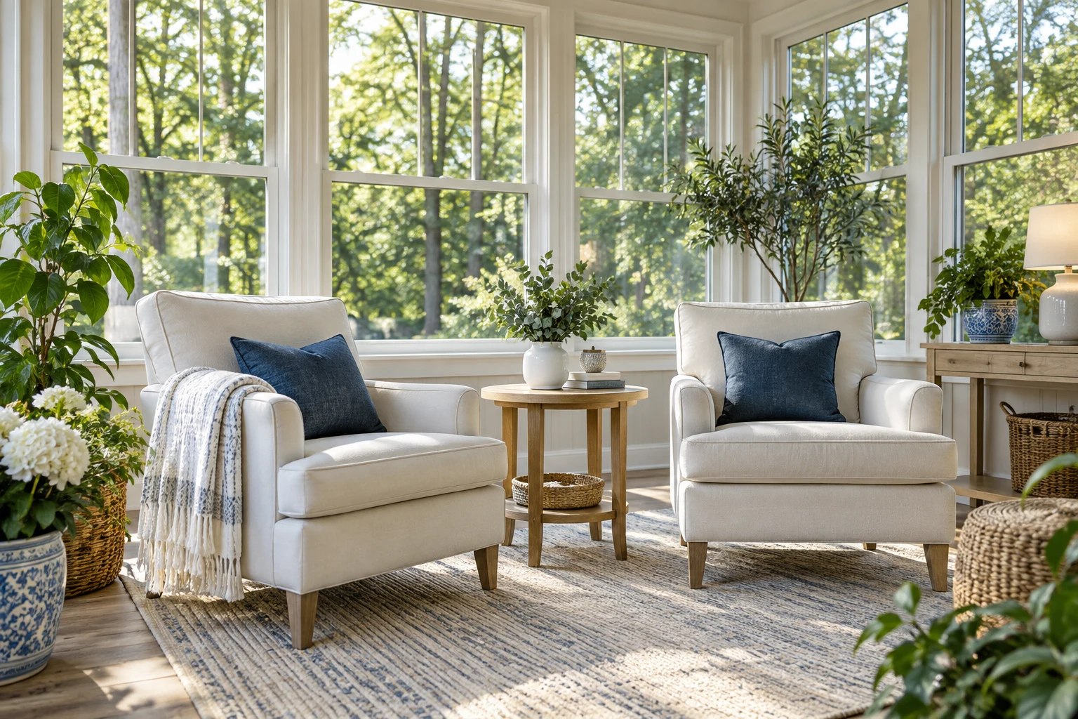 Comfortable sunroom overlooking leafy trees