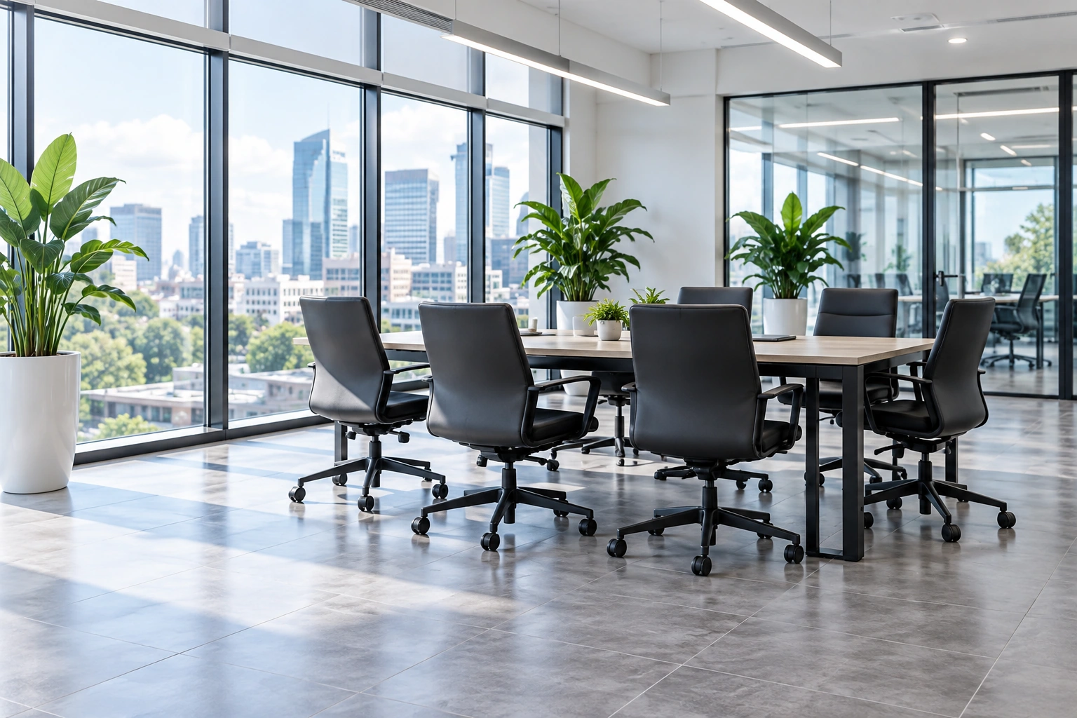 A clean, light-filled office with meeting tables and chairs.