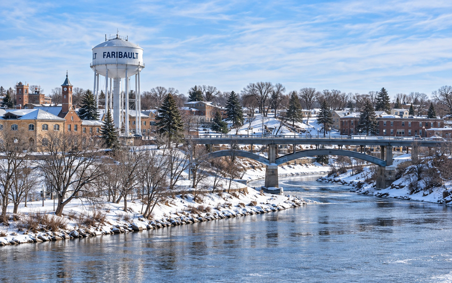 Faribault's water tower and snowy riverside community.